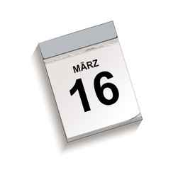 Kalender März 16, Abreißkalender mit Datum, Vektor Illustration isoliert auf weißem Hintergrund