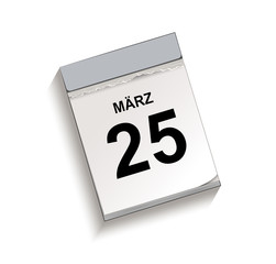 Kalender März 25, Abreißkalender mit Datum, Vektor Illustration isoliert auf weißem Hintergrund