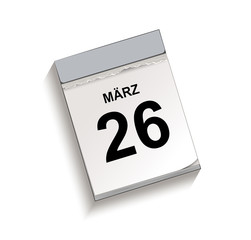 Kalender März 26, Abreißkalender mit Datum, Vektor Illustration isoliert auf weißem Hintergrund
