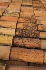 Tejas antiguas ordenadas para construcción