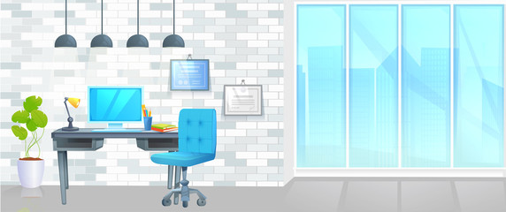 Office furniture design banner. Workplace with table and laptop and coffee. Modern interior . Landing Page Website Vector concept cartoon illustration