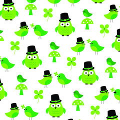 Saint Patricks Day owls birds and shamrock pattern