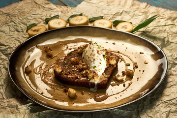 Breakfast dessert food with banana bread, mascarpone cheese