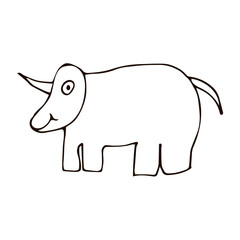 Cartoon doodle linear rhinoceros isolated on white background. Vector illustration.