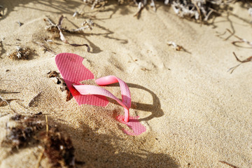 A single pink flip-flop bathing shoe lies deserted on a sandy beach, it is partially covered with...