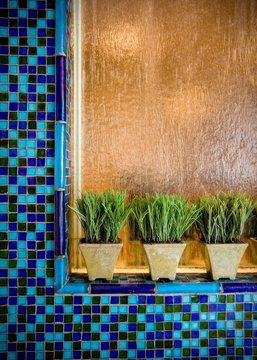 Potted Plants, Blue Tile Wall, Glass, Spa, Interior Design, Colorful, Blue, Squares, Style, Vertical Image