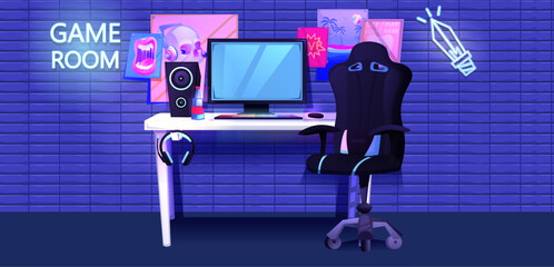 ESports interior banner. Workplace cyber sportsman gamer. A desk with a computer and headphones and a mouse with light and a gamers chair. Vector cartoon illustration © annetdebar