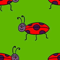 Seamless pattern with cartoon doodle linear ladybug, bug. Insect background. Vector illustration. 