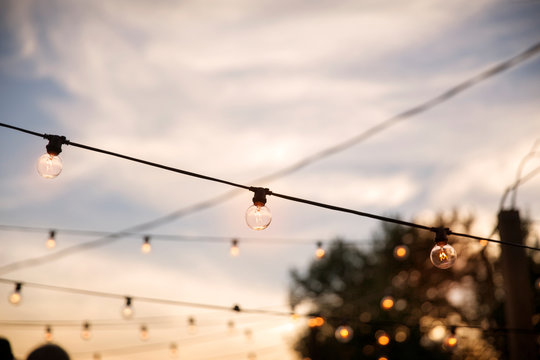 Rows of light bulbs against overcast sky 