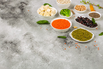 concept of healthy food (legumes, greens, spinach, lentils and other) superfood. Food background