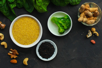 concept of healthy food (legumes, greens, spinach, lentils and other) superfood. Food background