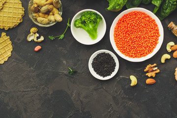 concept of healthy food (legumes, greens, spinach, lentils and other) superfood. Food background