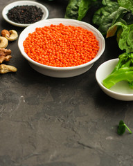concept of healthy food (legumes, greens, spinach, lentils and other) superfood. Food background