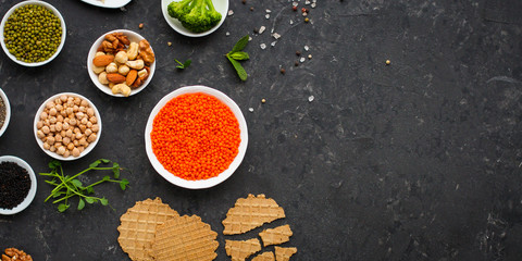 concept of healthy food (legumes, greens, spinach, lentils and other) superfood. Food background