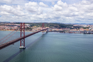 Panoramic view of Ponte 25 de Abril, long bridge in Lisbon