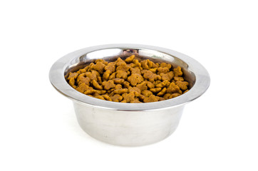 Pet care accessories, food isolated on white.