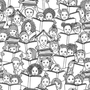Seamless black and white pattern of children reading books, "back to school" vector background with diverse school kids