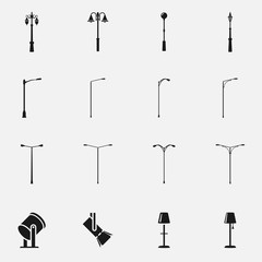 Set of street light lamps and spotlights silhouettes flat vector icon. © Markoff