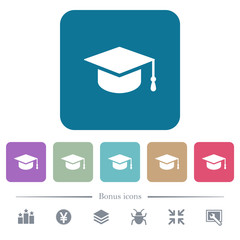 Graduation cap flat icons on color rounded square backgrounds