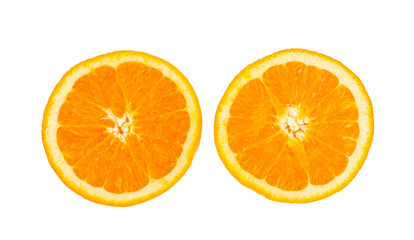 Two halves of cut orange, top view.