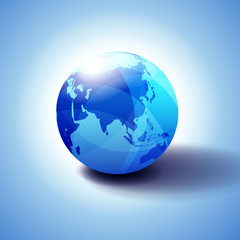 China, Asia and Japan Global World Globe Icon 3D illustration, Glossy, Shiny Sphere with Global Map in Subtle Blues giving a transparent feel