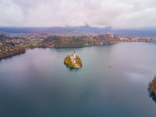 Aerial view of the famous Lake bled with the tiny island and Pilgrimage Church of the Assumption of Maria