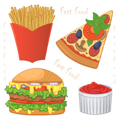 Hand drawn illustration fast food meal, cheeseburger, French fries, pizza and ketchup