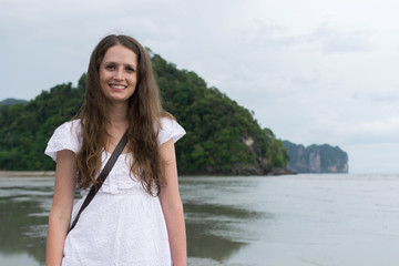 A tourist girl  on a beach in Krabi, Thailand, Asia