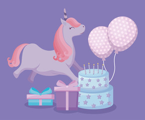 cute unicorn with balloons helium and set icons