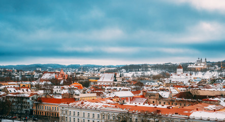 Fototapeta na wymiar Vilnius, Lithuania, Eastern Europe. Old Town Historic Center Cityscape Skyline In Cloudy Winter Day. Destination Scenic. UNESCO World Heritage.