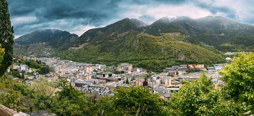 Andorra, Principality Of The Valleys Of Andorra. Top Panoramic View Of Cityscape In Summer Season. City In Pyrenees Mountains - obrazy, fototapety, plakaty