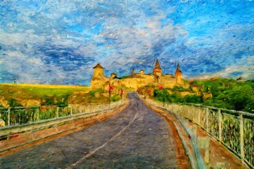 Fototapeta na wymiar Oil paintings landscape, fine art, street in old town, castle on the hill, view of the castle in autumn