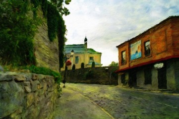 Oil paintings landscape, fine art, street in old town, castle on the hill
