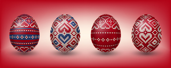Red Paschal eggs decorated with knitting patterns