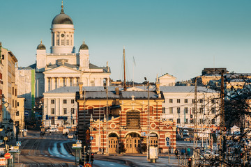 Finland, Helsinki. View Of Helsinki Cathedral And Old Market Hall Vanha Kauppahalli In Sunny Day. Famous Dome Landmark