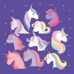 group of heads cute unicorns animals