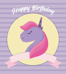 happy birthday card with cute unicorn head