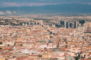 Naples, Italy. Top View Cityscape Skyline With Famous Landmarks In Sunny Day. Many Old Churches And Temples