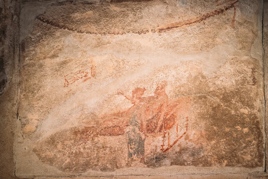 Pompeii, Italy. Fresco Sex Scene On Wall Of Lupanar Of Pompeii