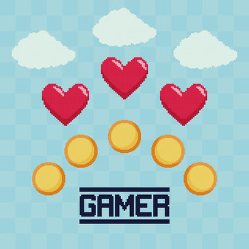 classic video game coins and hearts