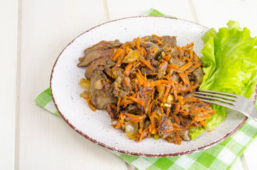 Fried Chicken Liver with Carrots and Onions.