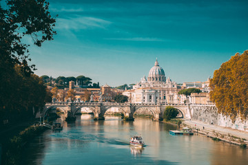 Rome, Italy. Papal Basilica Of St. Peter In The Vatican. Sightseeing Boat Floating Near Aelian...