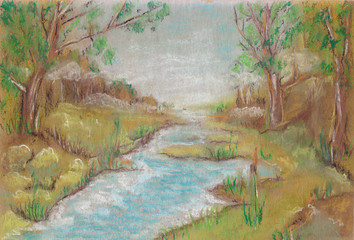 Lake in the forest by pastel