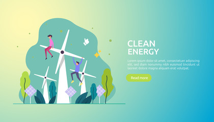 green clean energy sources. renewable electric sun solar panel and wind turbines. environmental concept with people character. web landing page template, banner, presentation, social, and print media.