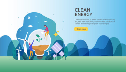 green clean energy sources. renewable electric sun solar panel and wind turbines. environmental concept with people character. web landing page template, banner, presentation, social, and print media.
