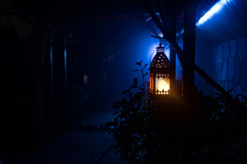 Fototapeta premium Beautiful colorful illuminated lamp in the garden in misty night. Retro style lantern at night outdoor.