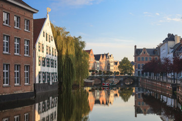 Old buildings over canal in Lier city, Antwerp province in Belgium