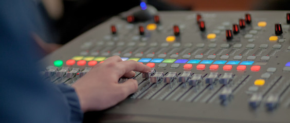 Sound recording studio mixing desk. Music mixer control panel