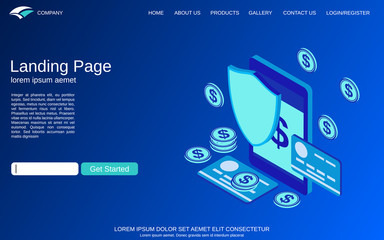 Website landing page design template. Financial security, online banking, money protection flat 3d isometric vector concept