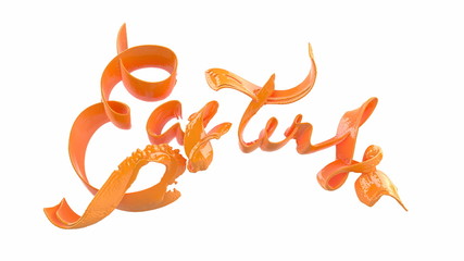 Happy Easter background with made juicy liquid orange splash. Invitation realistic 3d illustration greeting card, ad, promotion, poster, flyer, web-banner, article, social media